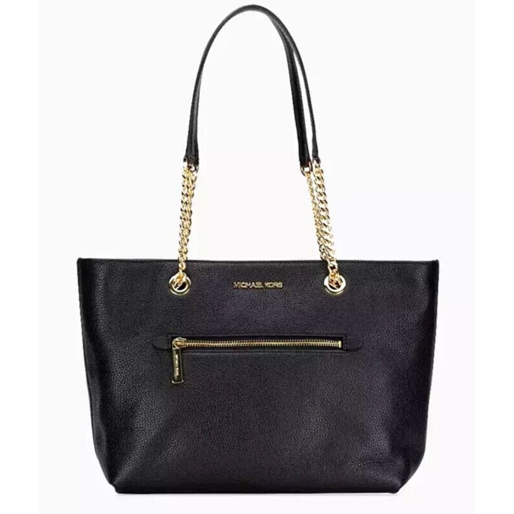 New Michael Kors Jet Set Medium Front Zip Chain Tote Pebble Leather Black